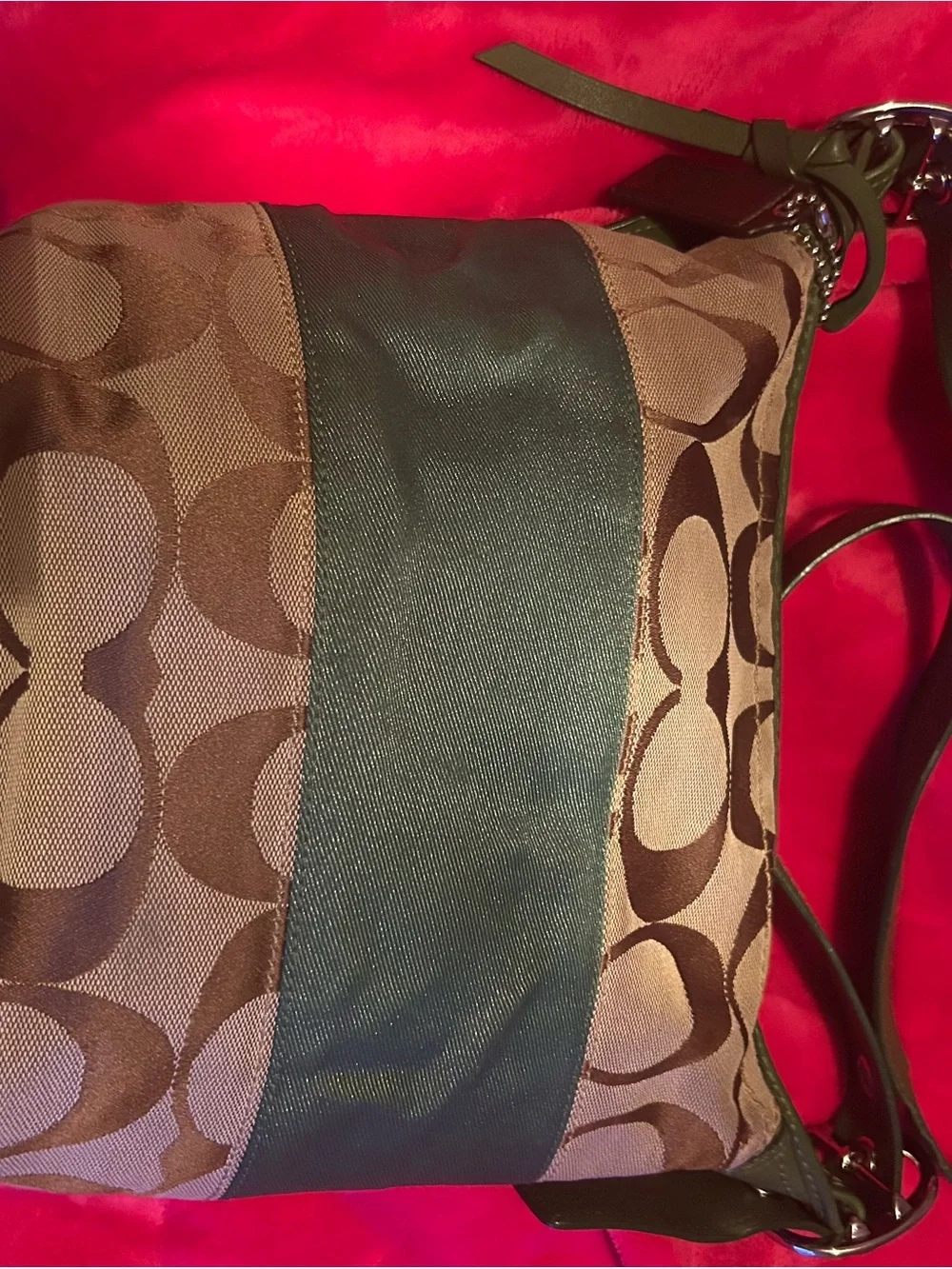 Coach Brown Signature Crossbody with Green Band